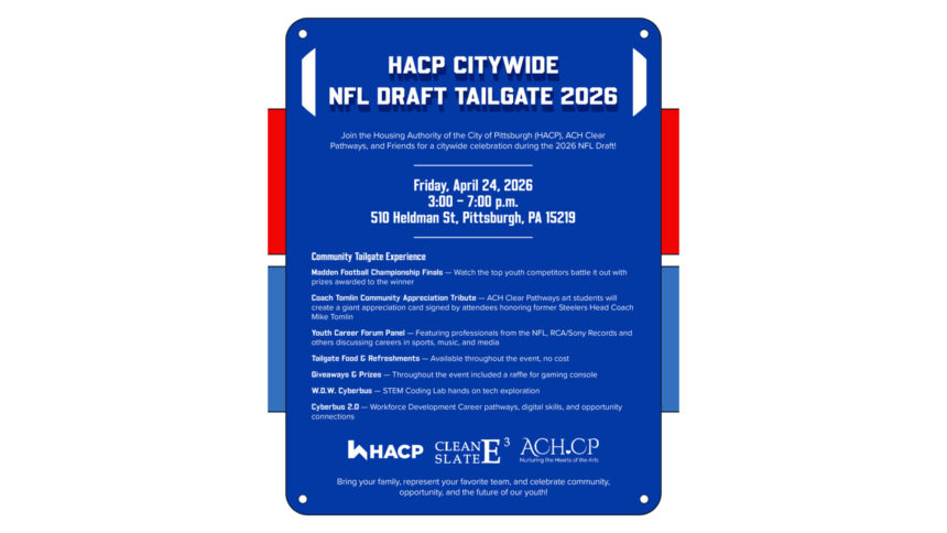 A blue rectangle with text advertising the HACP Citywide NFL Draft Tailgate 2026