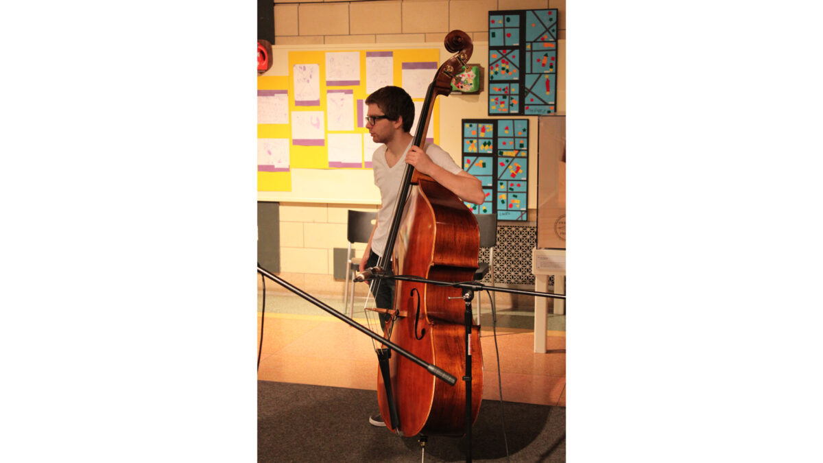 An individual holding an upright bass standing behind microphones