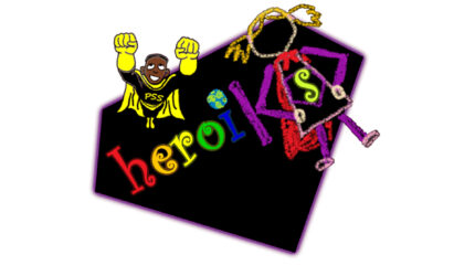 A graphic of two drawn superheroes posing in front of a black diamond with a purple outline, along with the text "heroiKs" in multicolored font