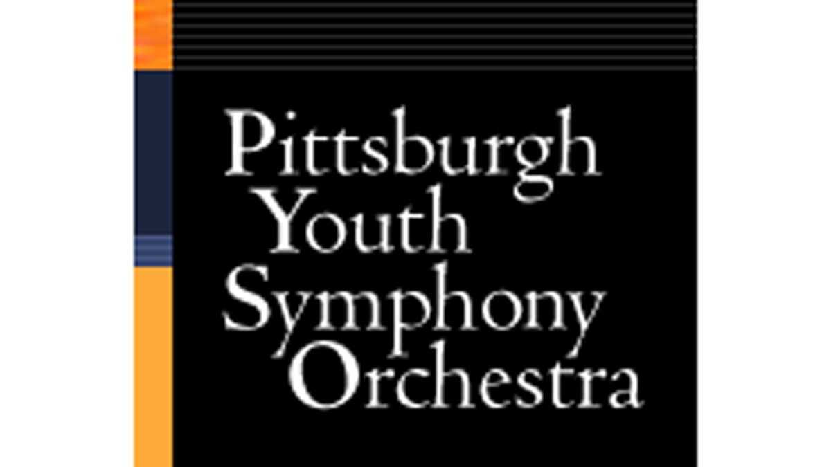 The text "Pittsburgh Youth Symphony Orchestra" in white on a black background, with an orange, blue and yellow stripe on the left