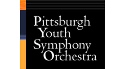 The text "Pittsburgh Youth Symphony Orchestra" in white on a black background, with an orange, blue and yellow stripe on the left