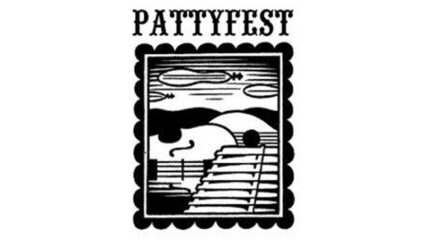 A graphic of a black and white postage stamp with violins and pipes inside, along with the text "PATTYFEST" along the top in a circus like font