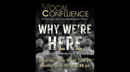 A black and white image of a crowd of adults with text advertising Vocal Confluence's Why We're Here