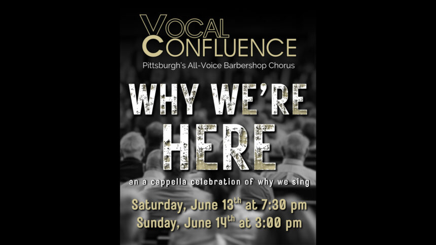 A black and white image of a crowd of adults with text advertising Vocal Confluence's Why We're Here