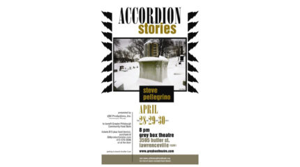 An accordion on a stone monument in a snowy graveyard, along with text advertising Steve Pellegrino's Accordion Stories