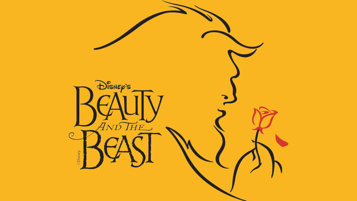 An outline of a humanoid beast holding a red rose, along with the text "Disney's Beauty and the Beast" in black, all on a gold background