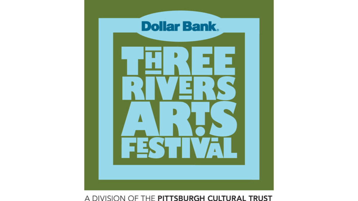 A graphic of a light blue box with the text "Three Rivers Arts Festival" inside in light blue, all on a green background