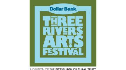 A graphic of a light blue box with the text "Three Rivers Arts Festival" inside in light blue, all on a green background