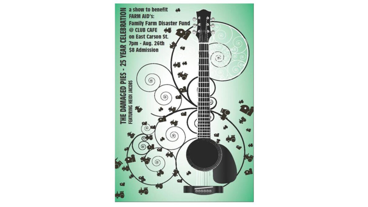 A graphic of a guitar neck on top of numerous spirals and silhouettes of barns and tractors, all on a light green background