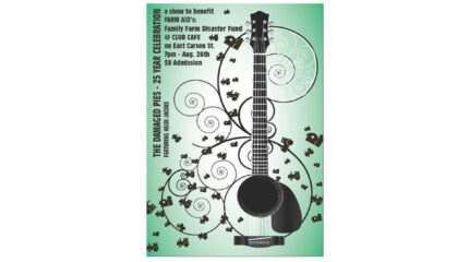 A graphic of a guitar neck on top of numerous spirals and silhouettes of barns and tractors, all on a light green background