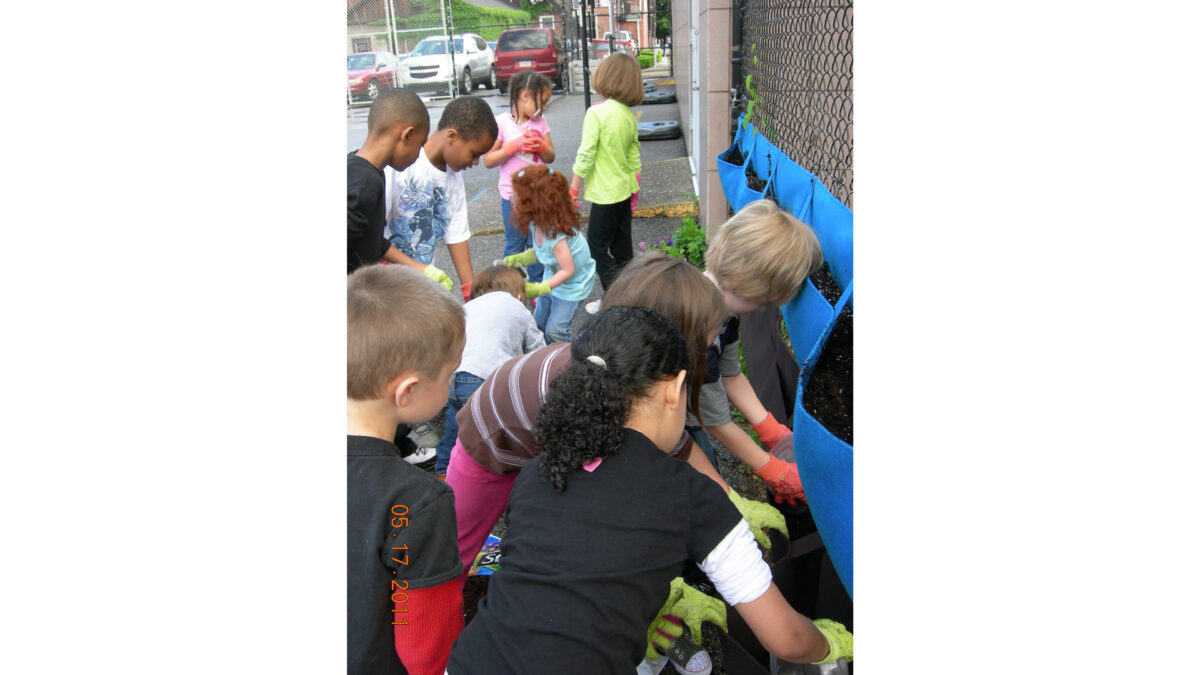 Ten youth interacting with plants in a parking lot