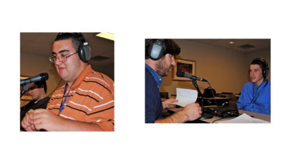Two images of teens wearing headphones and speaking into microphones while being interviewed