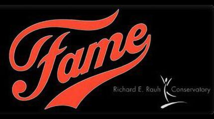 The text "Fame" in red cursive font, and the text "Richard E. Rauh Conservatory" in white, along with a white graphic of an individual with outstretched limbs, all on a black background