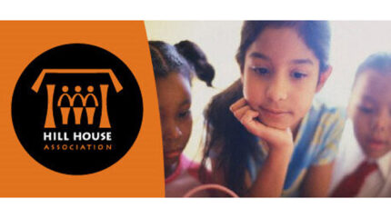 An image of three youth looking down next to a graphic of three figures standing beneath an arch, along with the text "Hill House" in white and "Association" in orange underneath, all inside a black circle on an orange background