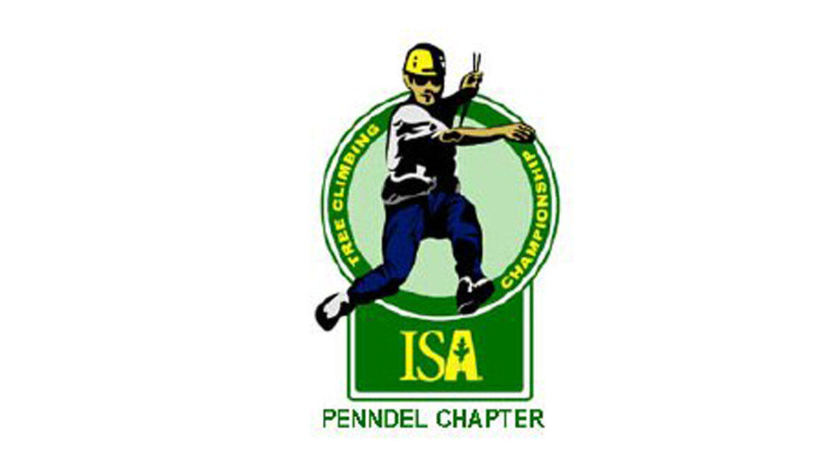 A graphic of an adult wearing a hard hat and a climbing harness, along with the text "Tree Climbing Championship" in yellow inside a green circle, and "ISA" in yellow and "Penndel Chapter" in dark green underneath