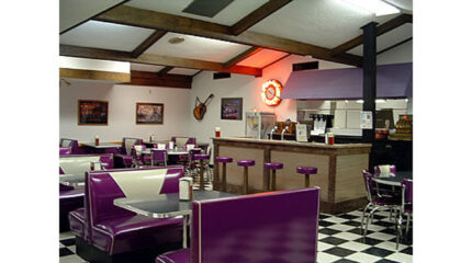 A purple and white empty diner
