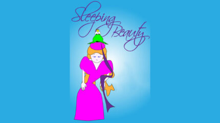 A drawing of a princess with orange hair and a pink dress with a drawing of a frog wearing a crown on top of her head, with the text "Sleeping Beauty" in dark purple cursive font, all on a blue background