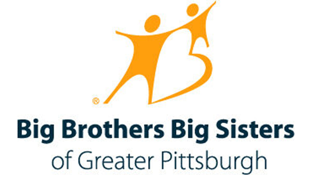 a graphic of a large yellow silhouette and a small yellow silhouette holding hands above the text "Big Brothers Big Sisters" in bold dark blue text and "of Greater Pittsburgh" in dark blue text