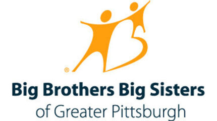a graphic of a large yellow silhouette and a small yellow silhouette holding hands above the text "Big Brothers Big Sisters" in bold dark blue text and "of Greater Pittsburgh" in dark blue text