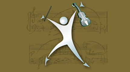 A graphic of a white individual holding a violin and a bow standing in front of a brown music sheet background.