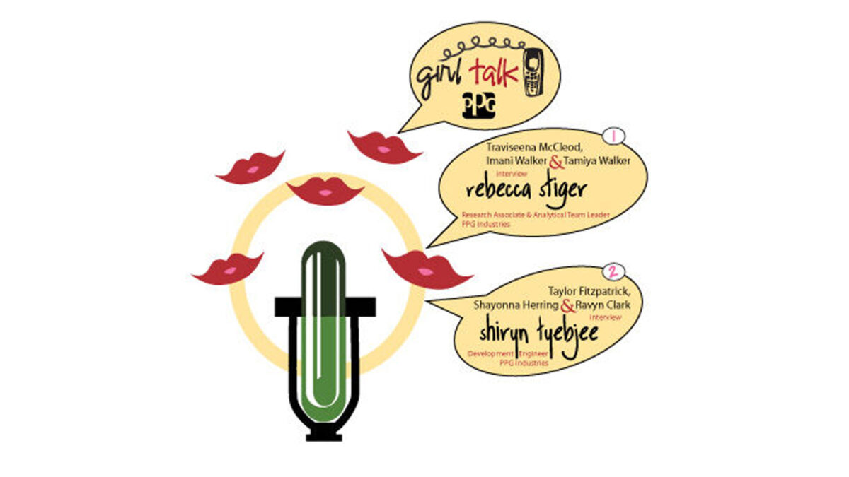 A graphic of red lips circling a green microphone and beige speech bubbles with information on "Girl Talk"