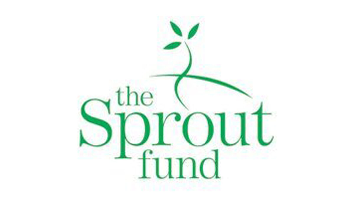 A graphic of a green sprouting plant over the text "the Sprout fund" in light green