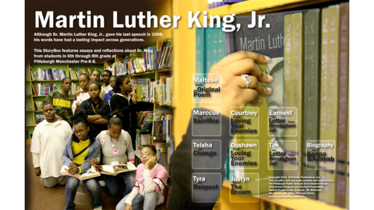 Eleven youth sitting in front of bookshelves in a library with text talking about Martin Luther King, Jr.