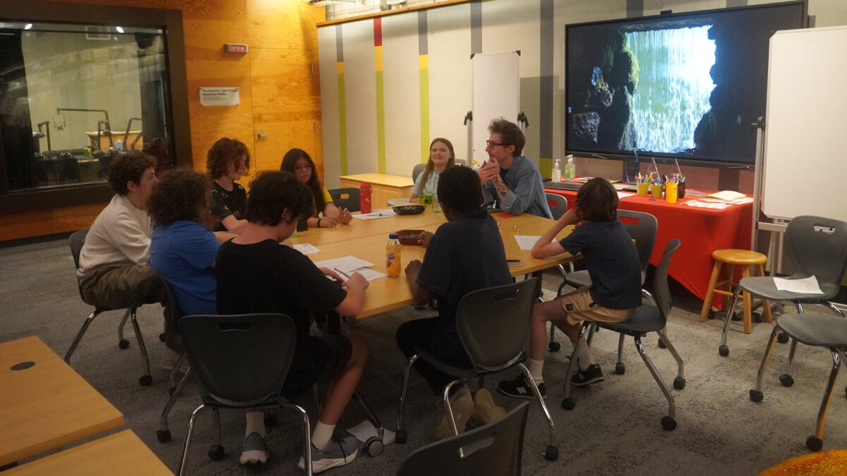 FYV-3 Eight youth and an adult having a discussion while sitting around a table