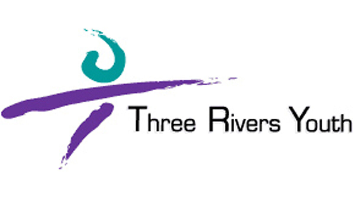 A graphic of a green paint stroke over two purple paint strokes next to the text "Three Rivers Youth", all on a white background