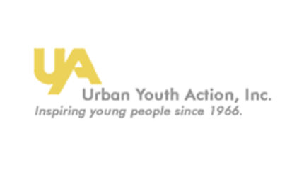 A yellow "U' and "A" along with the text "Urban Youth Action, Inc." and "Inspiring young people since 1966" in gray, all on a white background