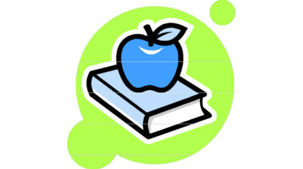 A graphic of a green apple on top of a blue book, all on a green round shape