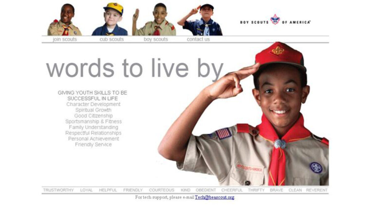 An image of a webpage with five youth saluting and text advertising the Boy Scouts