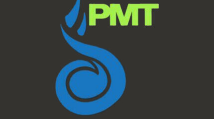 A blue graphic resembling a treble clef, along with the text "PMT" in light green in the top right corner, all on a dark gray background