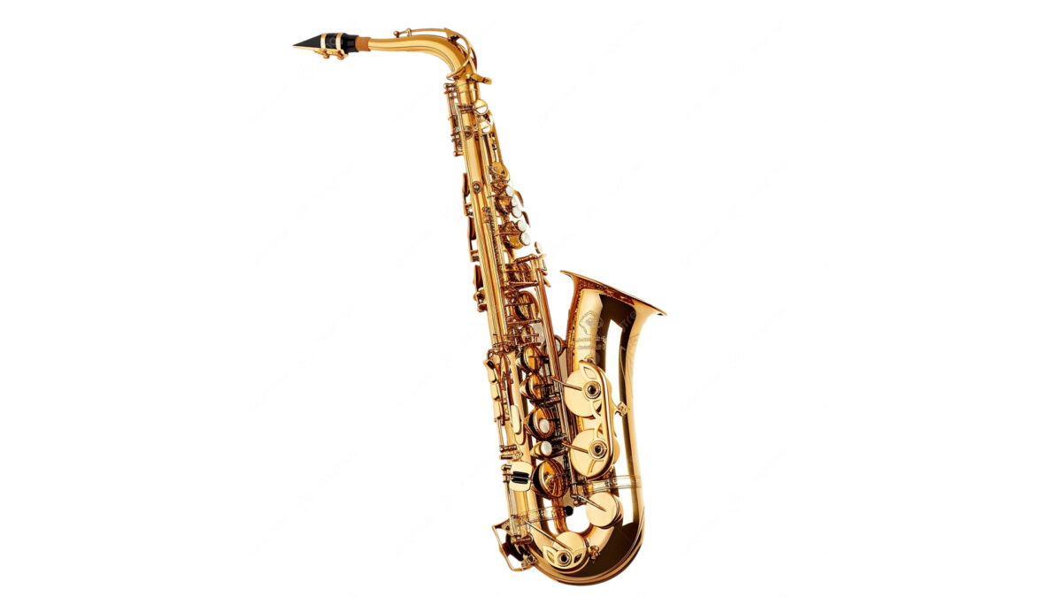 An alto saxophone on a white background