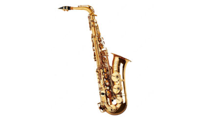 An alto saxophone on a white background