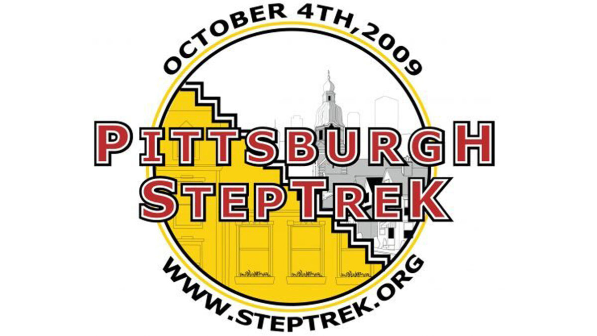 Drawings of a building and windows inside a circle, with the text "Pittsburgh StepTrek" in red