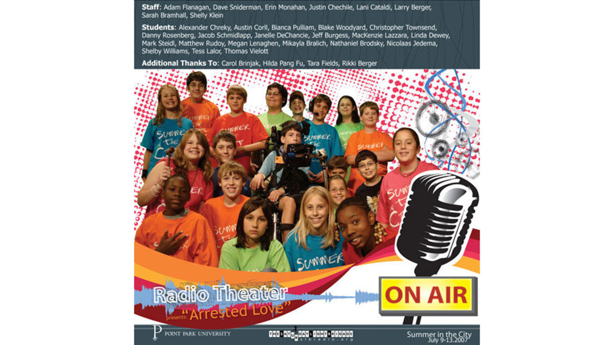 A group of children in colored shirts behind a graphic of a microphone and an "On Air" sign standing in front of a spotted red and white background