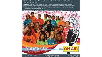A group of children in colored shirts behind a graphic of a microphone and an "On Air" sign standing in front of a spotted red and white background