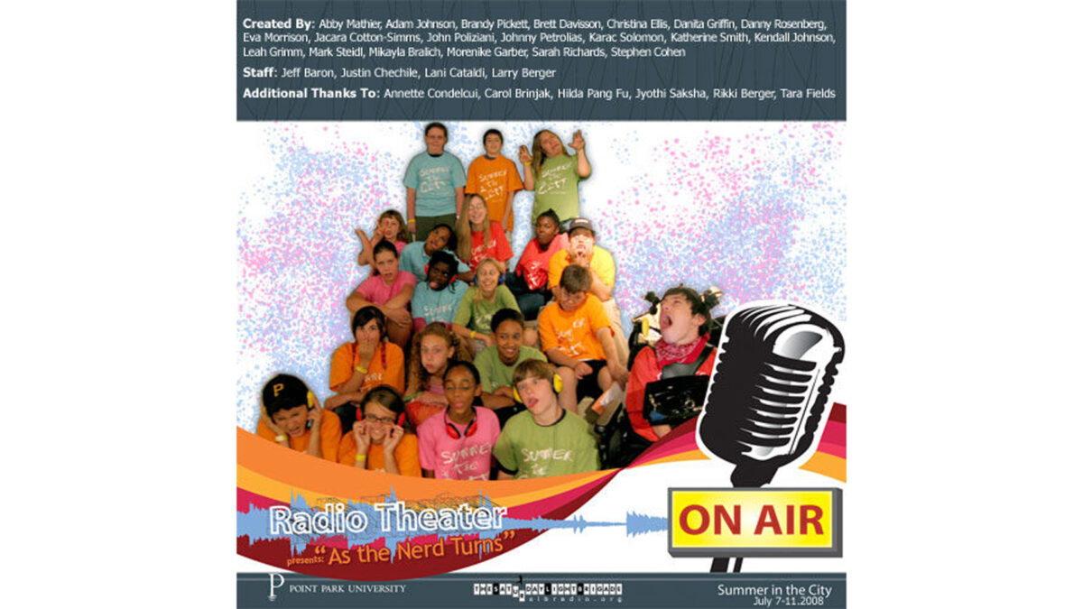 A group of children in colored shirts behind a graphic of a microphone and an "On Air" sign standing in front of a spotted pink and light blue background