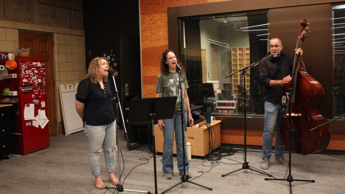 City-Holler-Band-3 Two adults singing into microphones and an adult playing upright bass and singing into a microphone