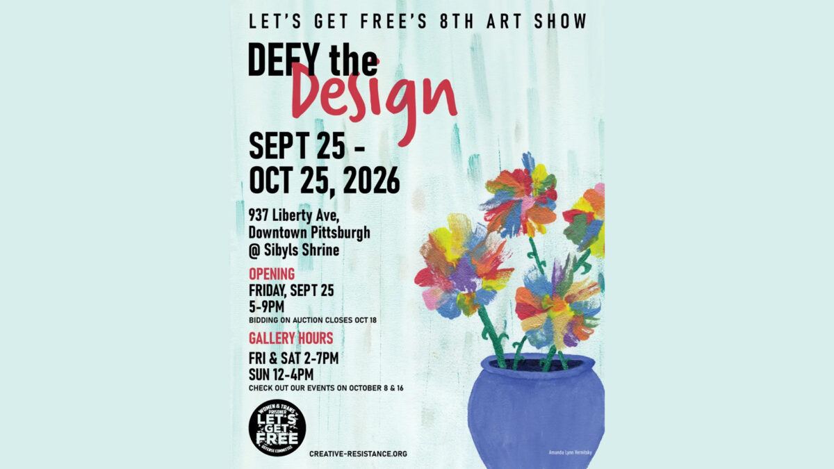 Text advertising Defy the Design next to a painting of a vase of flowers on a light blue background