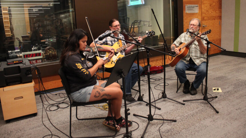 An adult playing violin, an adult playing an electric bass, and an adult playing acoustic guitar