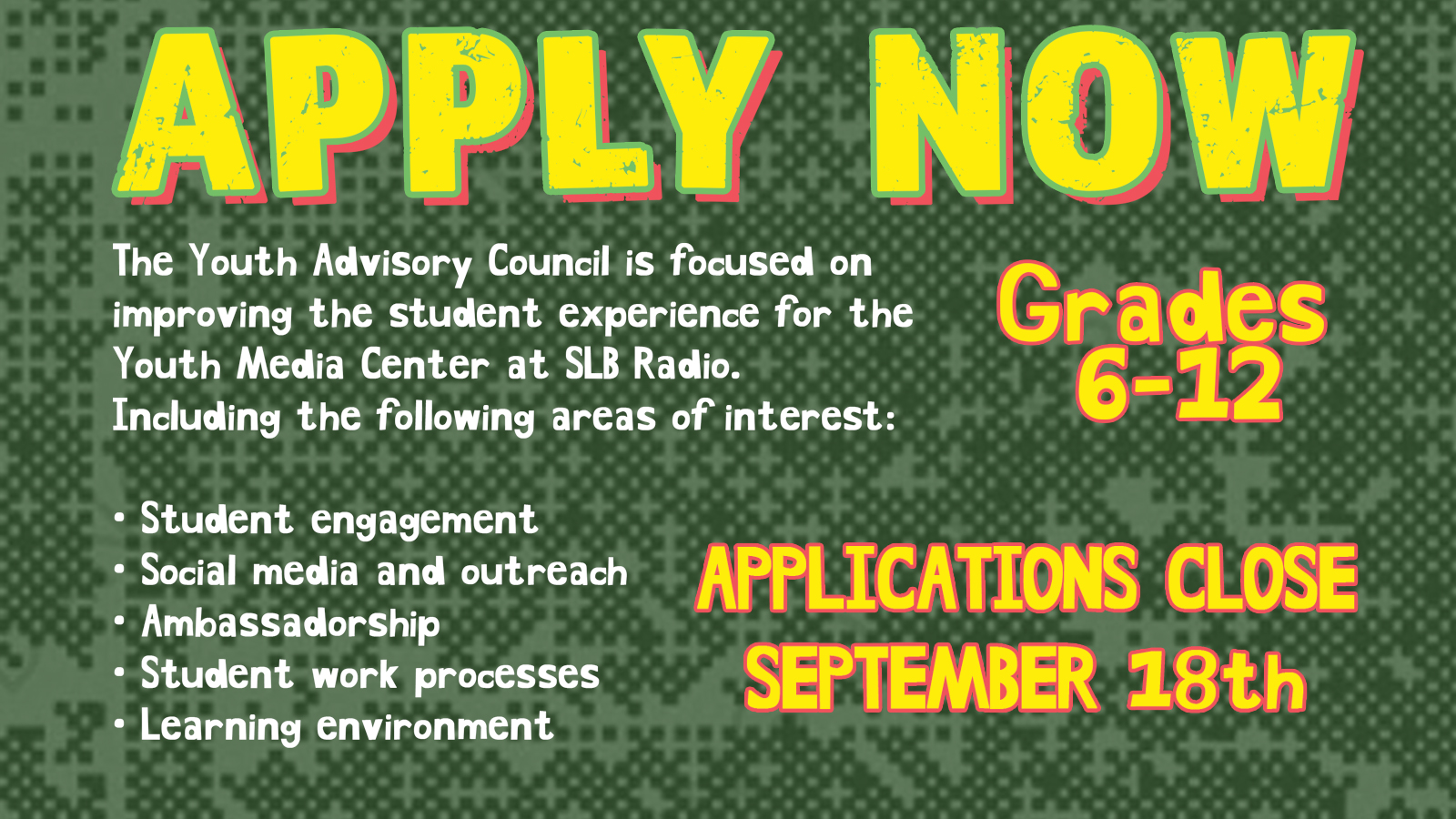 a flyer with details on SLB youth advisory council applications