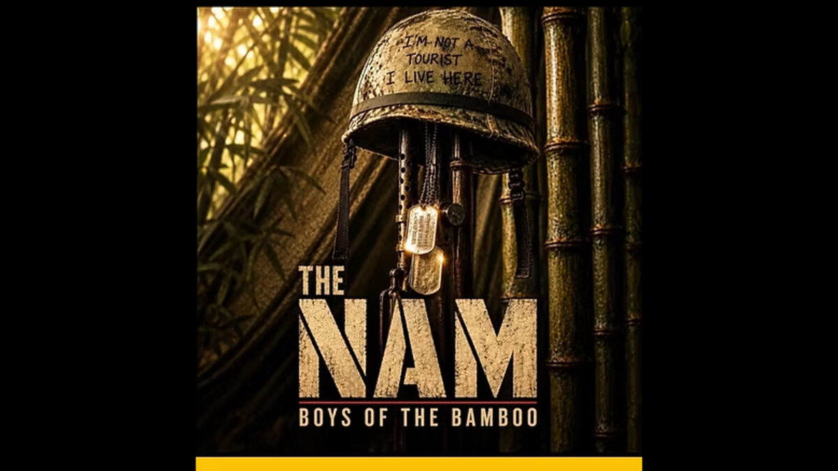 An image of an army hat and dog tags hanging from pieces of bamboo in a forest, along with the text "The NAM" and "Boys of the Bamboo"